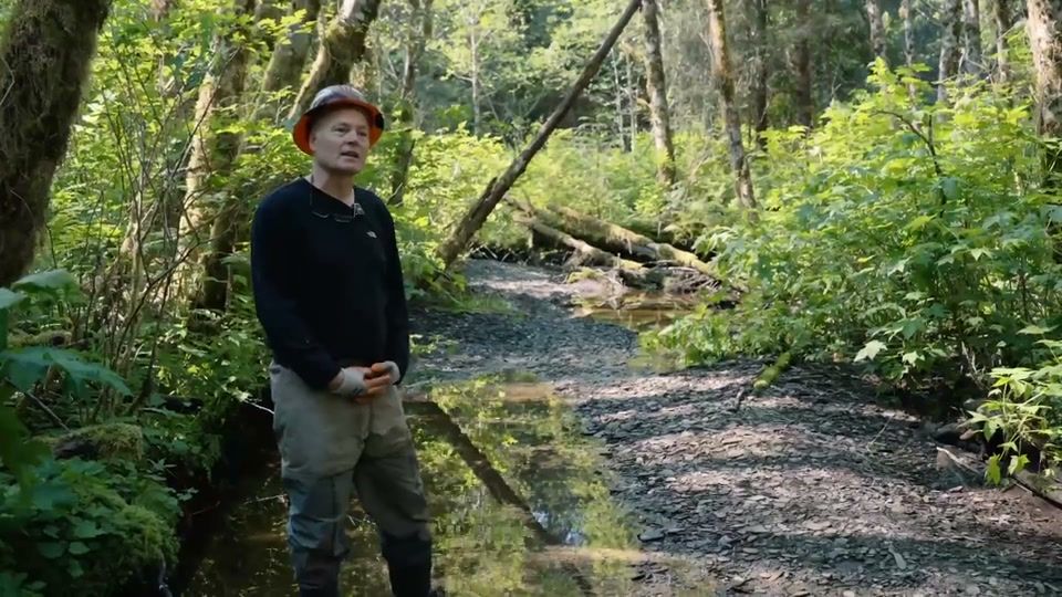 Conservation worker in an orange hard hat and waders beside a rocky forest creek, with a lavalier mic clipped to his shirt.