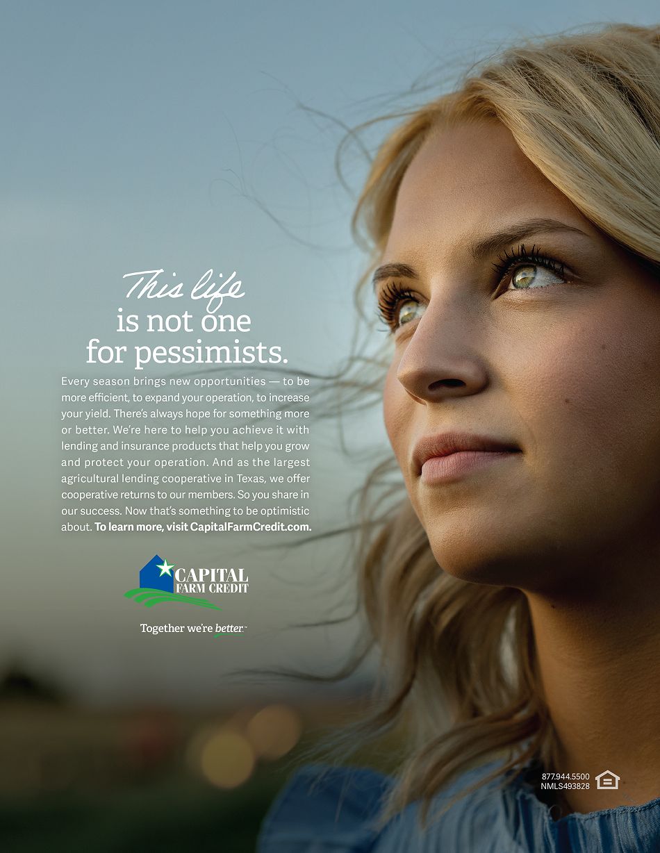 Blonde woman looking upward with hopeful expression against a soft blue sky, headline: This life is not one for pessimists.