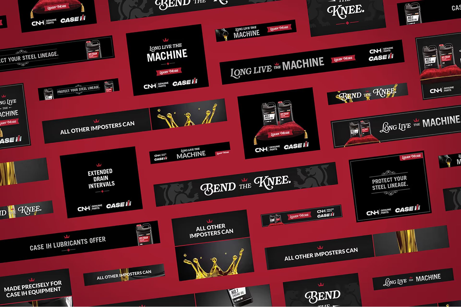 Desktop computer showing various digital banner ads for 'Long Live the Machine', 'Bend the Knee', 'Protect your Steel Lineage'.