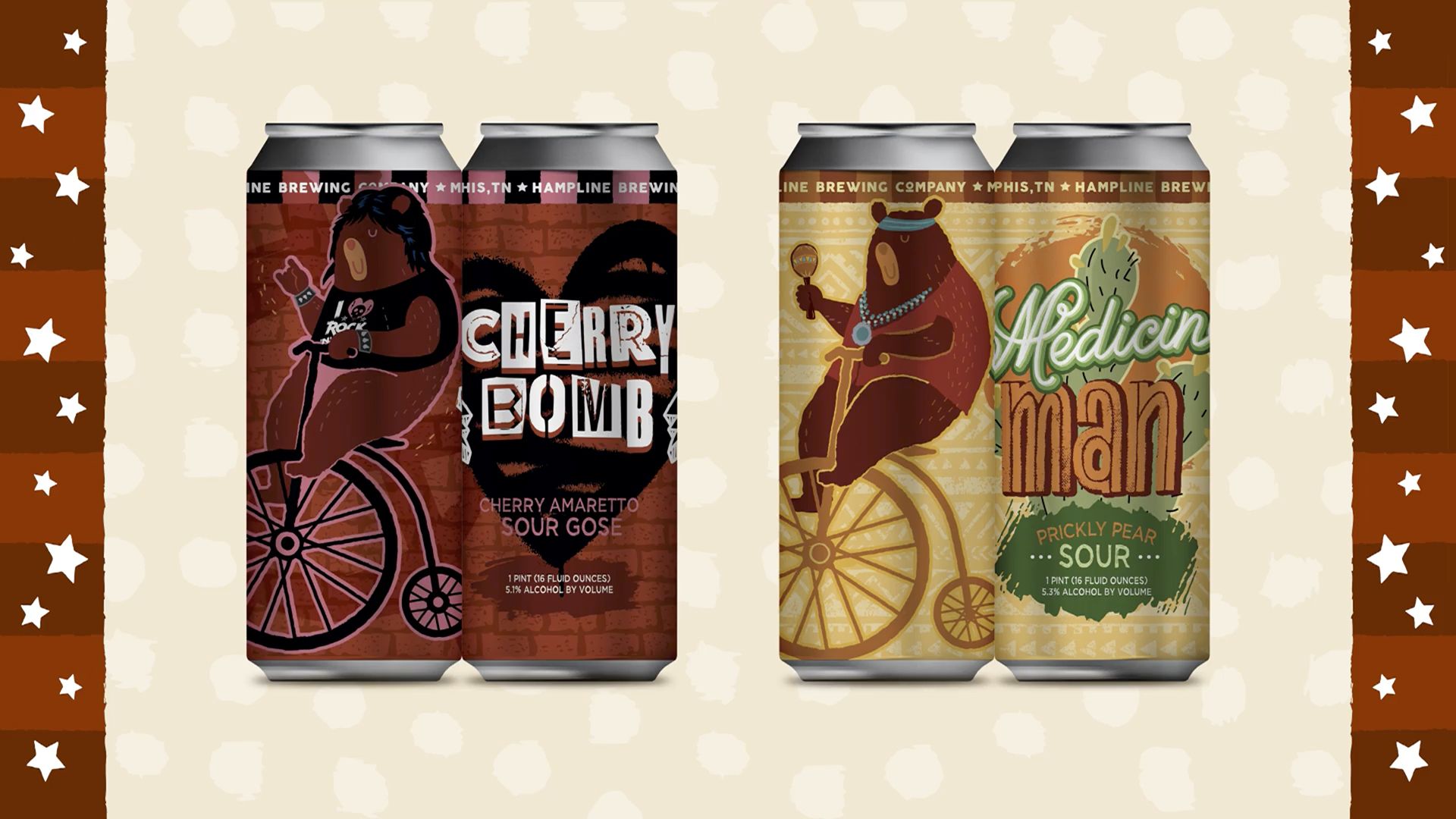 Collection of Hampline Brewing Co. beer cans featuring various bear characters on unicycles, displayed on a wooden barrel.