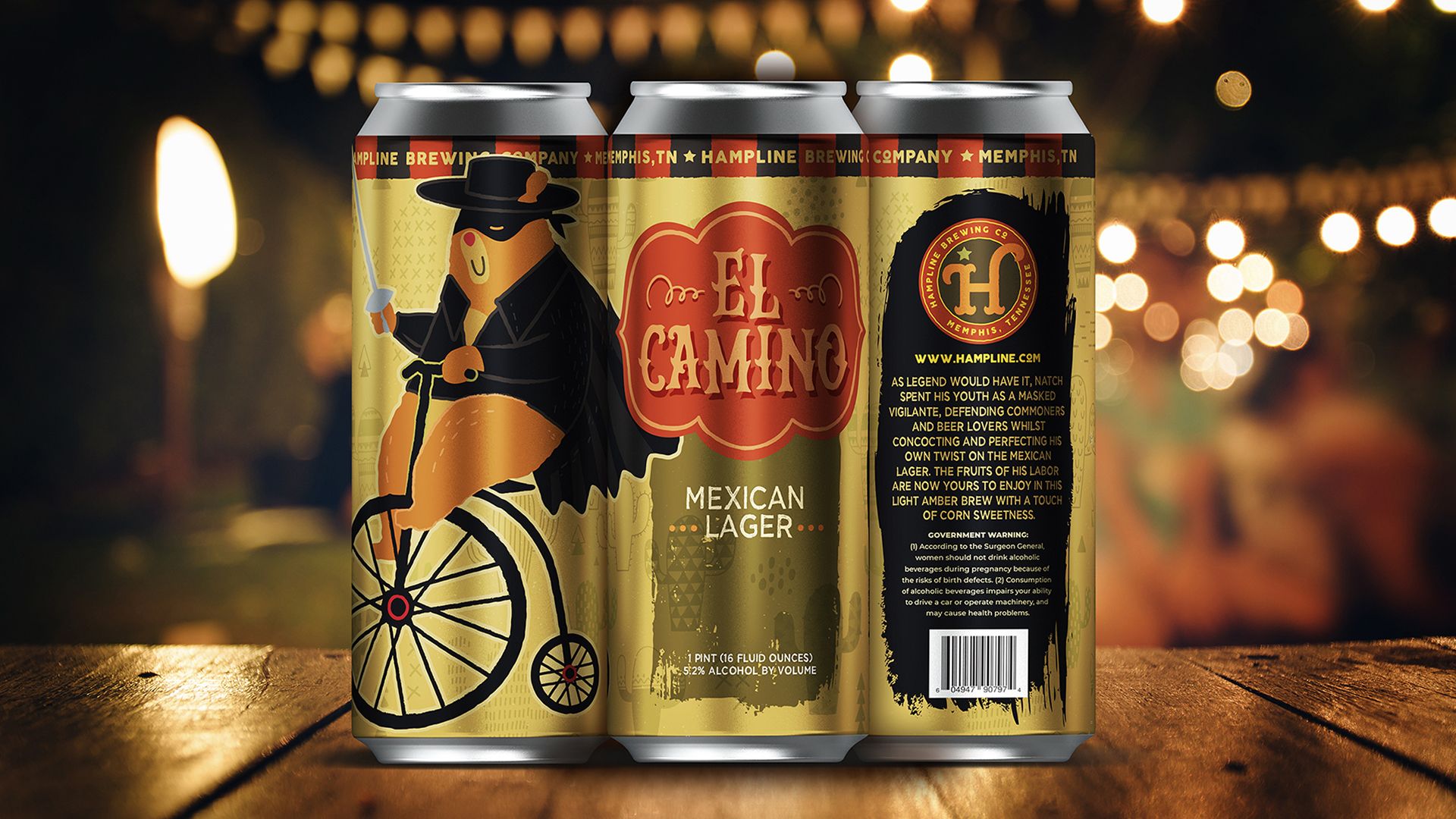 Hampline Brewing Co. 'El Camino' beer can featuring a Zorro-like bear on a unicycle.
