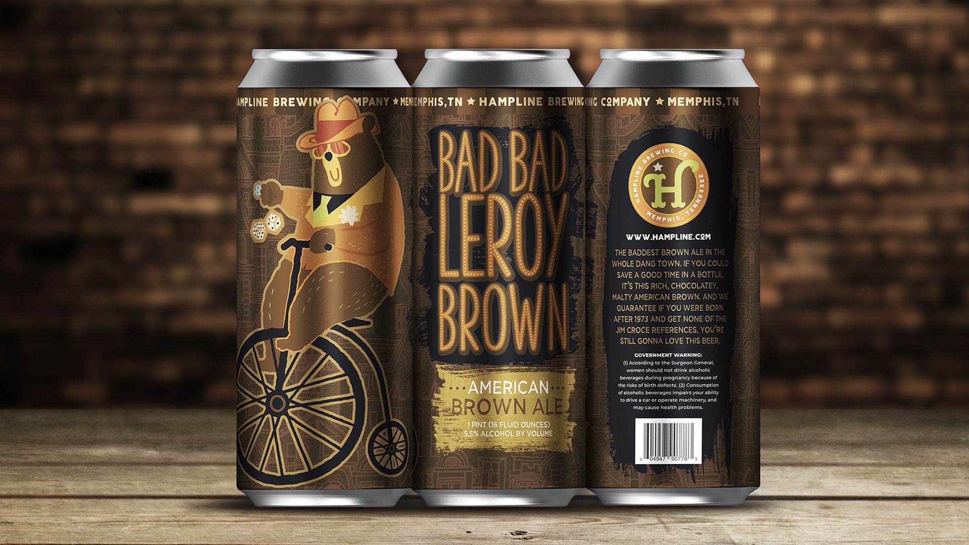 Hampline Brewing Co. 'Bad Bad Leroy Brown' beer can featuring a cowboy bear on a unicycle.