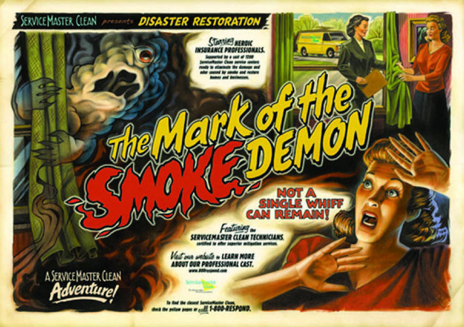 Vintage horror comic poster titled "The Mark of the Smoke Demon" with tagline "Not a Single Whiff Can Remain," showing a panicked woman fleeing smoke damage as ServiceMaster Clean technicians stand ready.
