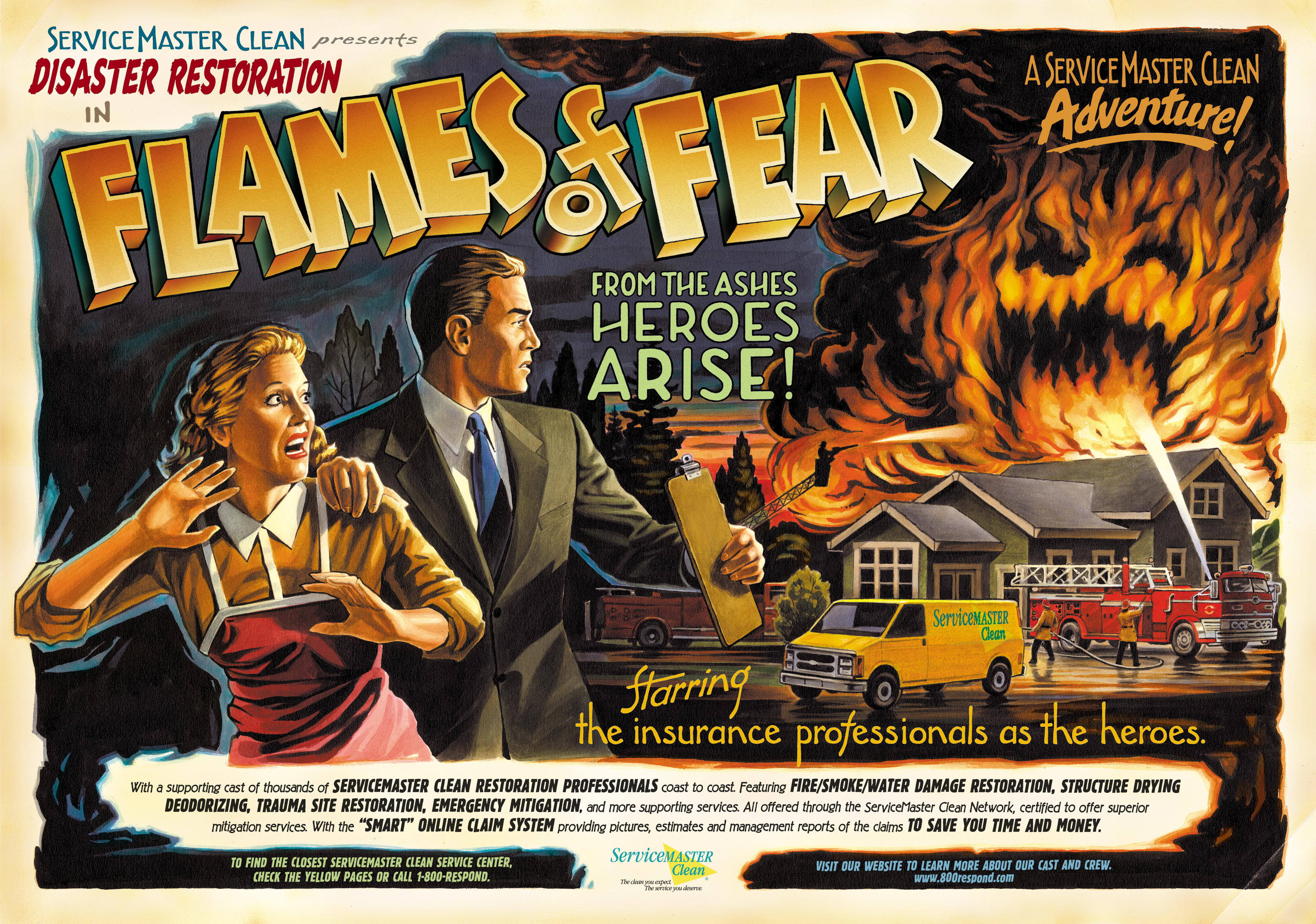 Vintage comic poster titled "Flames of Fear" with tagline "From the Ashes Heroes Arise!" depicting a couple fleeing a house fire while a ServiceMaster Clean van arrives on the scene.