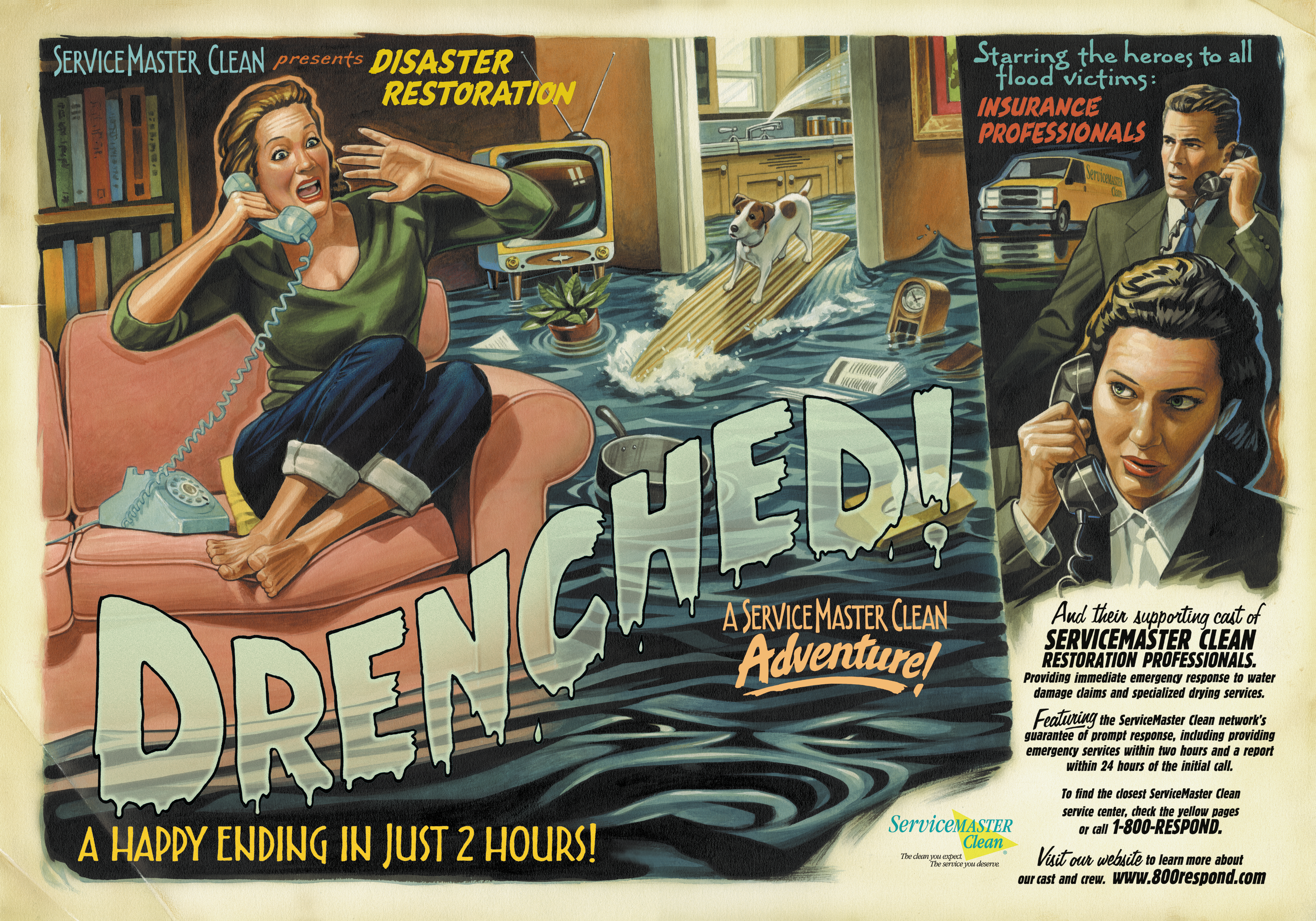 Vintage comic poster titled "Drenched!" showing a woman marooned on a sofa in a flooded living room, with tagline "A Happy Ending in Just 2 Hours!" and ServiceMaster Clean disaster restoration branding.