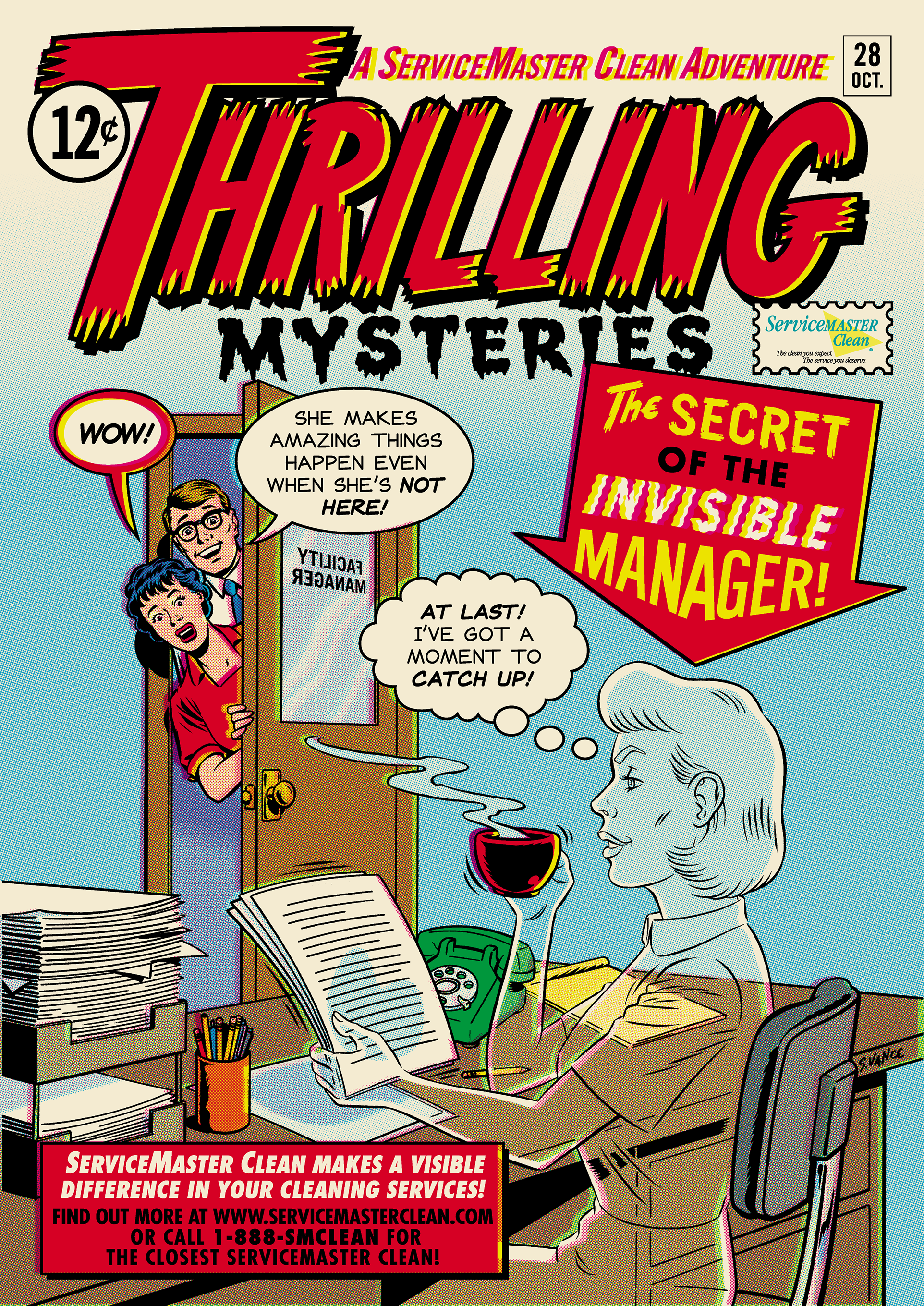Vintage comic cover titled "Thrilling Mysteries" reading "The Secret of the Invisible Manager," showing a translucent facility manager at her desk while coworkers marvel through the door.