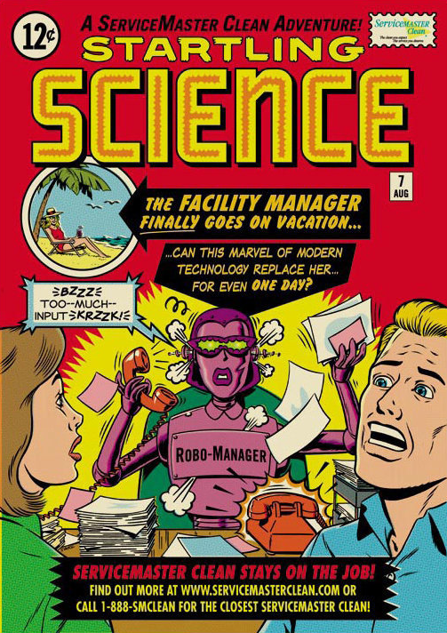 Vintage comic book cover titled "Startling Science" depicting an overloaded robot manager as a facility manager vacations, with tagline "ServiceMaster Clean Stays on the Job!"