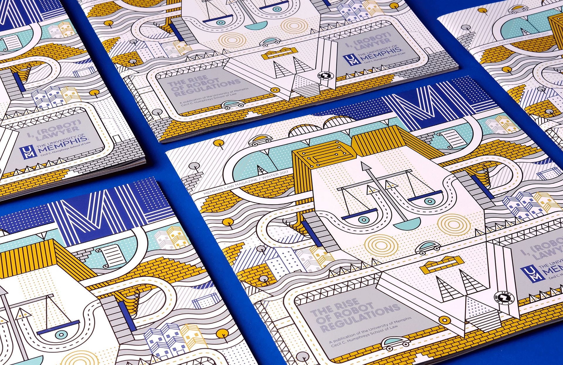 Several copies of the University of Memphis Law publication 'The Rise of Robot Regulations' on a blue background. The cover uses geometric line art in blue, yellow, and grey, with scales of justice forming a stylized robot face set in an urban landscape of roads, buildings, cars, and circuit-like elements. Text includes I, (ROBOT) LAWYER and THE RISE OF ROBOT REGULATIONS.