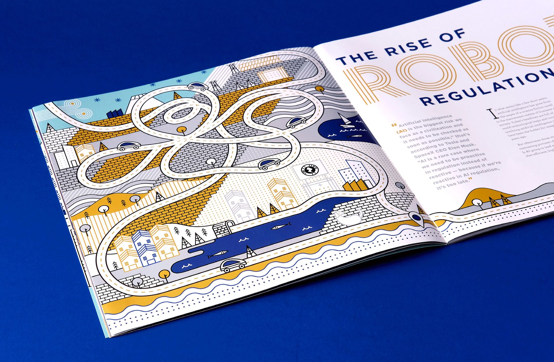 Two-page magazine spread titled THE RISE OF ROBO REGULATION with a stylized city map illustration, winding roads, buildings, blue river with boats, and article text with a quote from Elon Musk on AI regulation.
