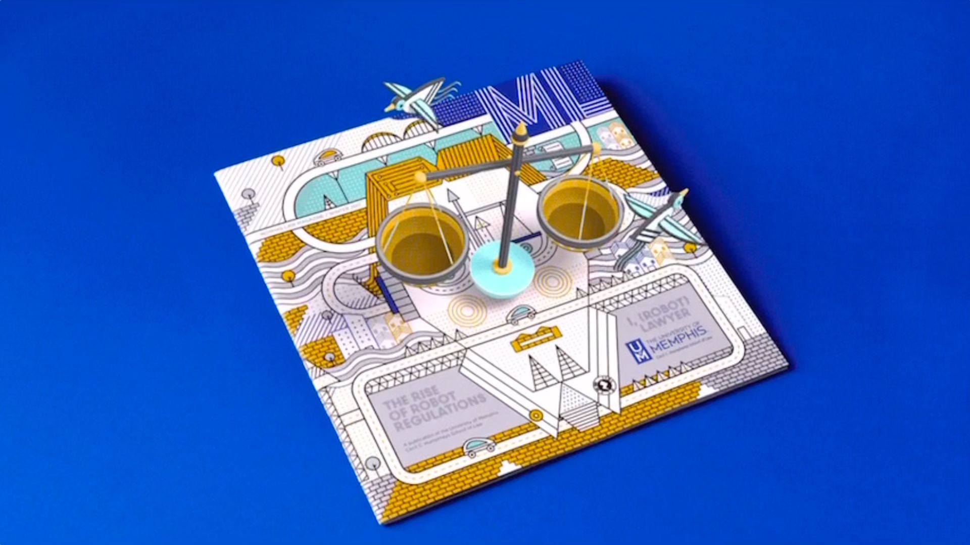 Isometric pop-up paper craft model of a sustainable landscape with wind turbines, lake, hills, residential area, and MEMPHIS branding on a royal blue background.